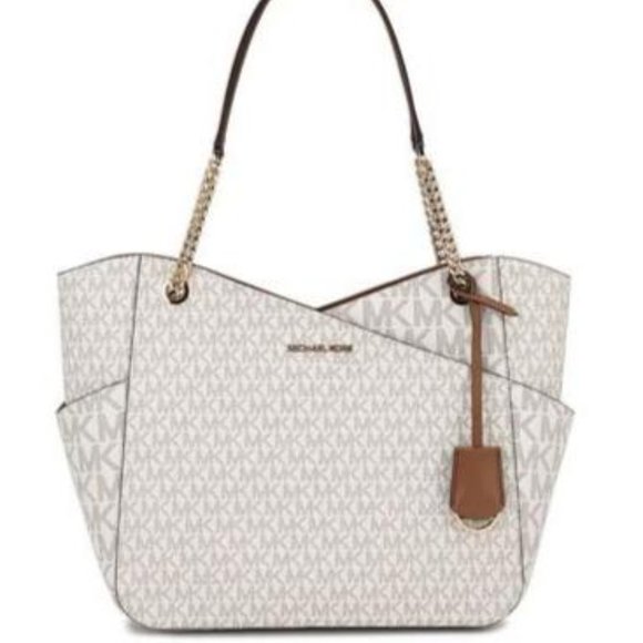 NWT Michael Kors Large Jet Set Travel Tote Handbag Signature Vanilla Gold MINT - Picture 1 of 16